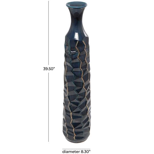 Teal Ceramic Tall Geometric Floor Vase with Gold Accents
